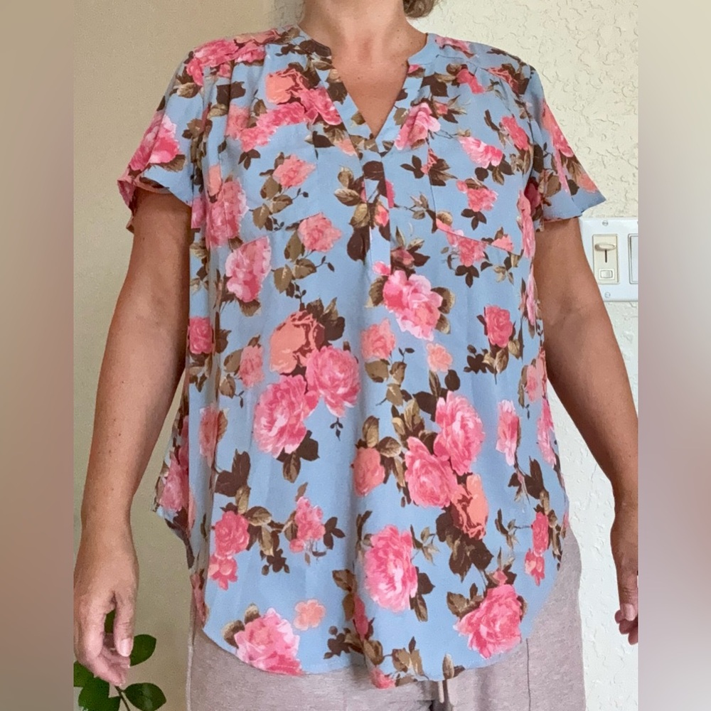 Torrid Floral V-Neck Blouse - Blue and Pink